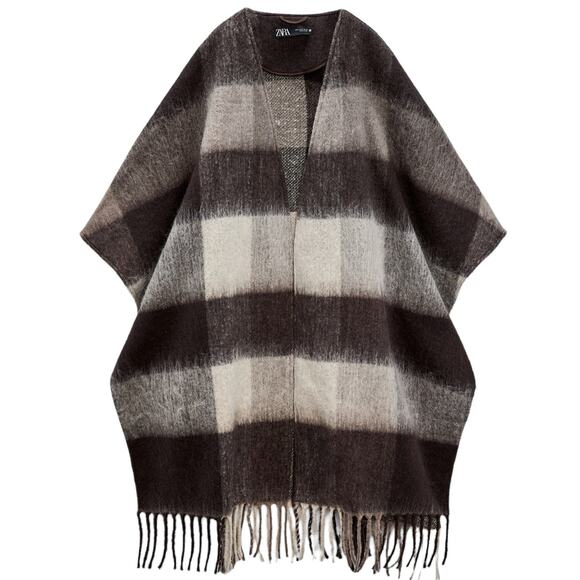 Zara Sweaters - ZARA Fringed Plaid Poncho checked fringe boho open front sweater dark camel Sz M